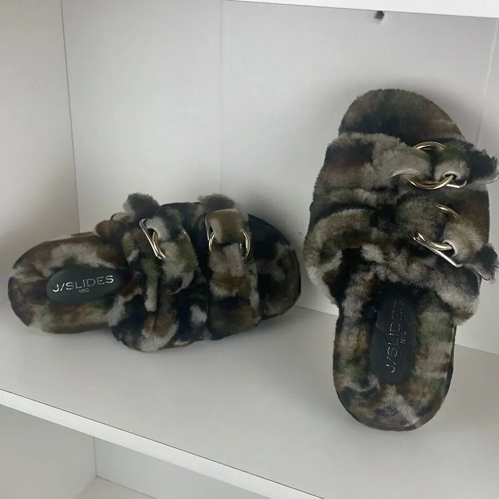 J/SLIDES Genuine Shearling 2 Strap Platform Slide Sandals camouflage 7 - Picture 2 of 9